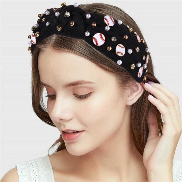Baseball Headband Women Beaded Pearl Knotted Sports Game Day Accessories main image 6